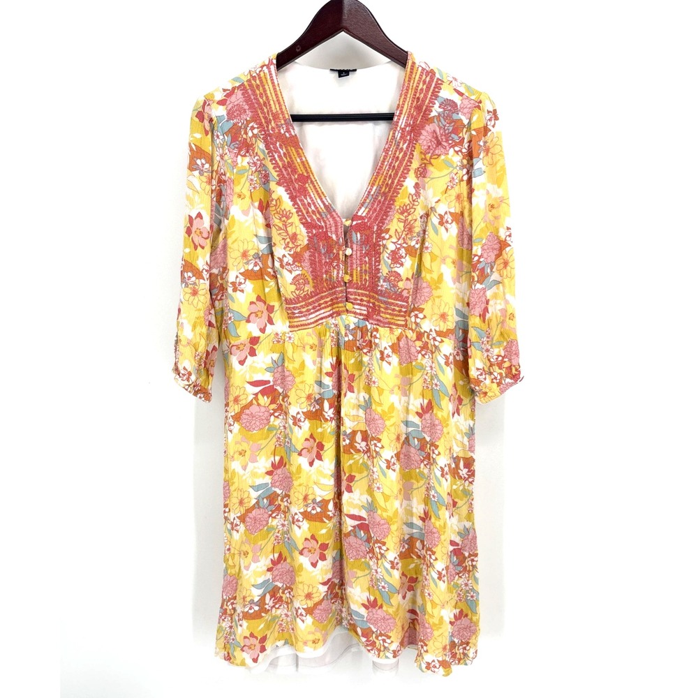 TORRID Womens Size 1 Yellow Floral Button Front High Low Midi Dress V Neck